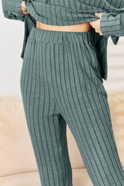 Basic Bae Ribbed Drawstring Hood Top and Straight Pants Set