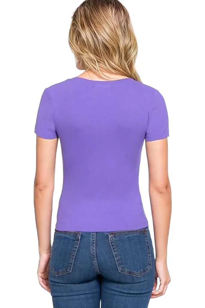 ACTIVE BASIC V-Neck Ribbed Short Sleeve Knit T-Shirt